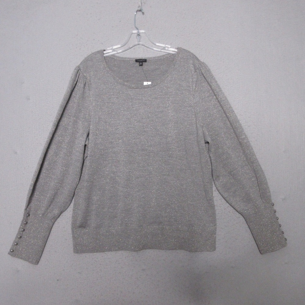 Talbots Sweater XL Merino Wool Metallic Shimmer Puff Sleeve Button Cuff Gray NWT